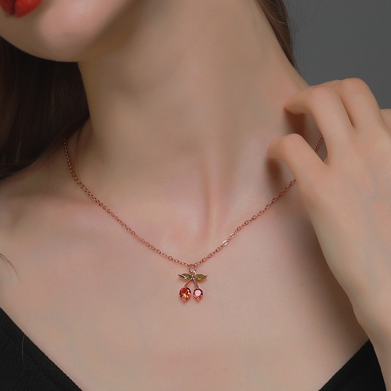 Sweet Little Cherry Ketting Kristallen Zirkoon Fruit Cherry Ketting Voor Vrouwen Sieraden Sleutelbeen Kettingen Hangers Choker Colar