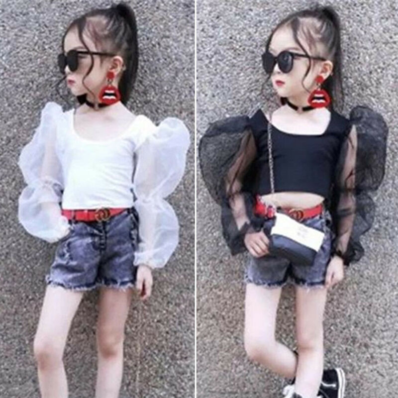 T-shirt manches bouffantes pour bébé fille, couleur unie, haut en dentelle