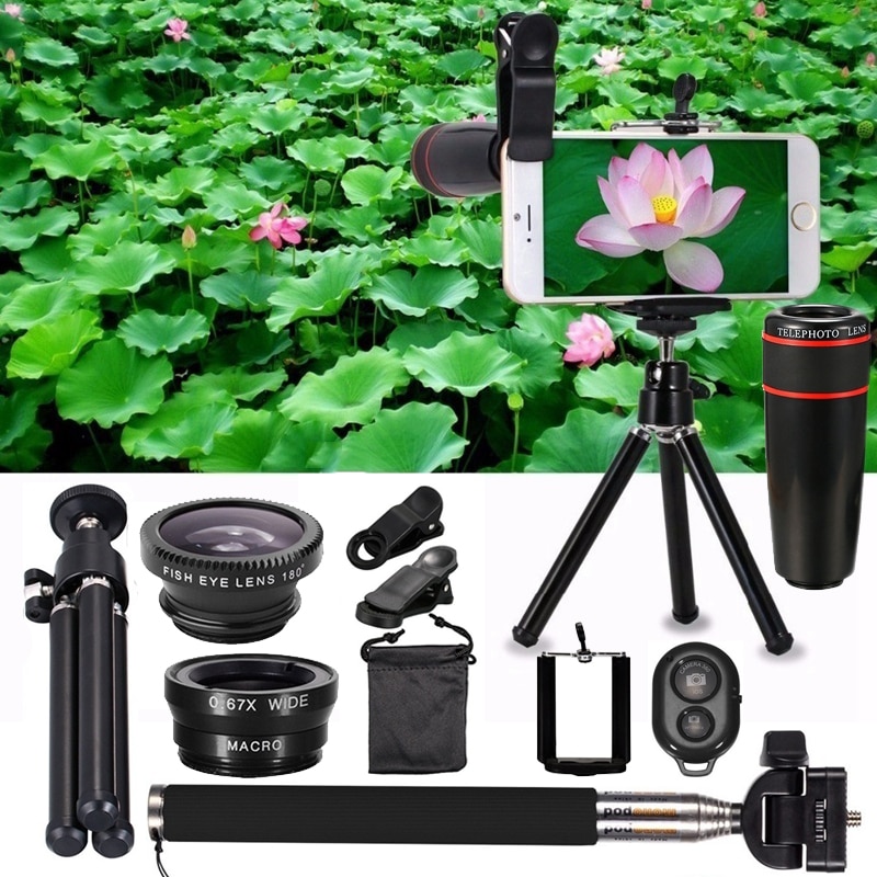 10 in 1 Mobile Phone Camera Lens Kit 12/8X Zoom Telephoto Lens Fish Eye Wide Angle Macro Lens With Selfie Stick Tripod Bluetooth