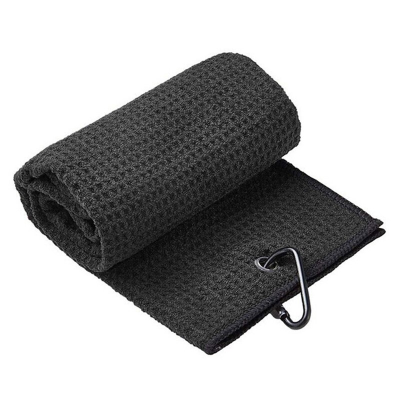 Golf Towel Waffle Pattern Cotton with Carabiner Cleaning Towels Microfiber Hook Cleans Clubs Balls Hands Microfiber Towel: black