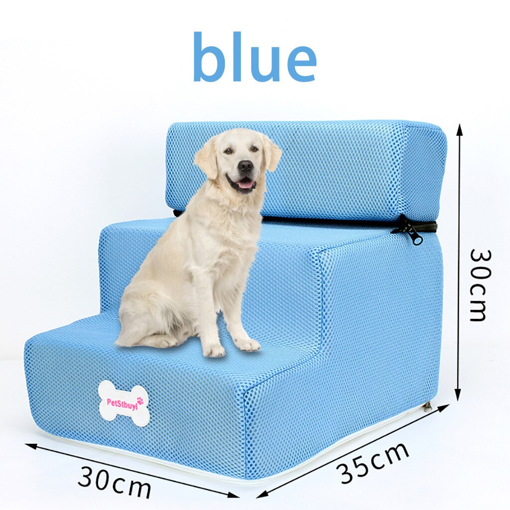 Breathable Mesh Foldable Pet Stairs Detachable Pet Bed Cat Dog Ramp 3 Steps Dog Training Stairs: Blue 