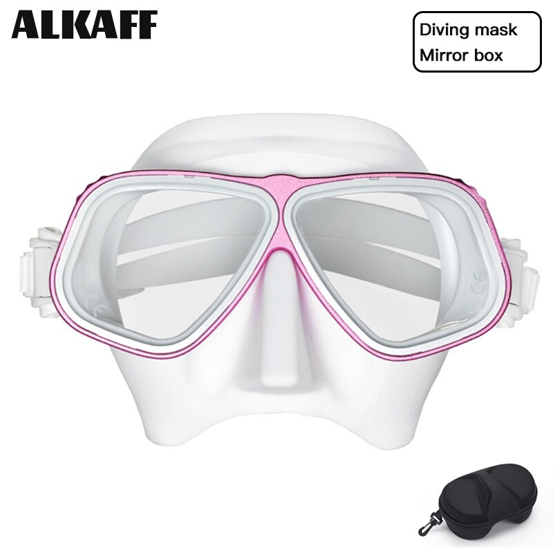 low volume free diving mask Alloy frame scuba diving equipment Snorkel goggles Toughened glass for free dive: White pink