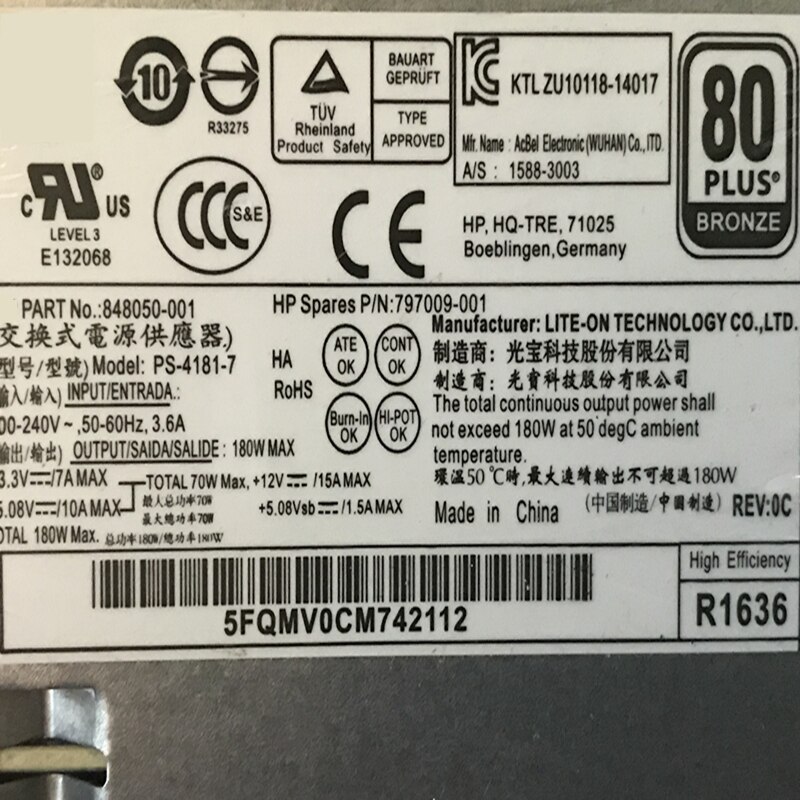 PSU For HP S5 S5-1333 1523 1537CN 180W Power Supply PCE019 DPS-180AB-20 A PS-4181-7 793073-001 797009-001 848050-001/003/004