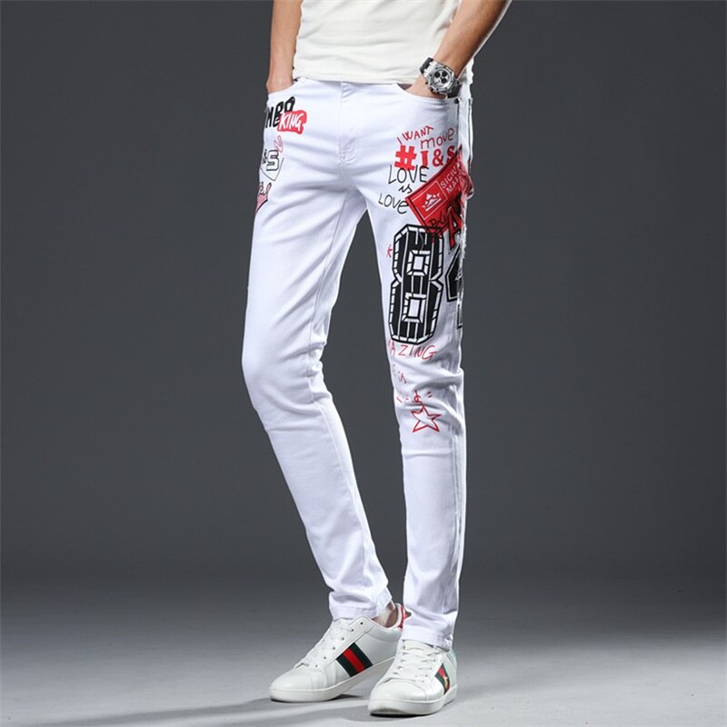 Spring jeans mænd 100%  bomuld bogstav print pasform slim pencil bukser ripped klassiske hvide jeans mænd  #209