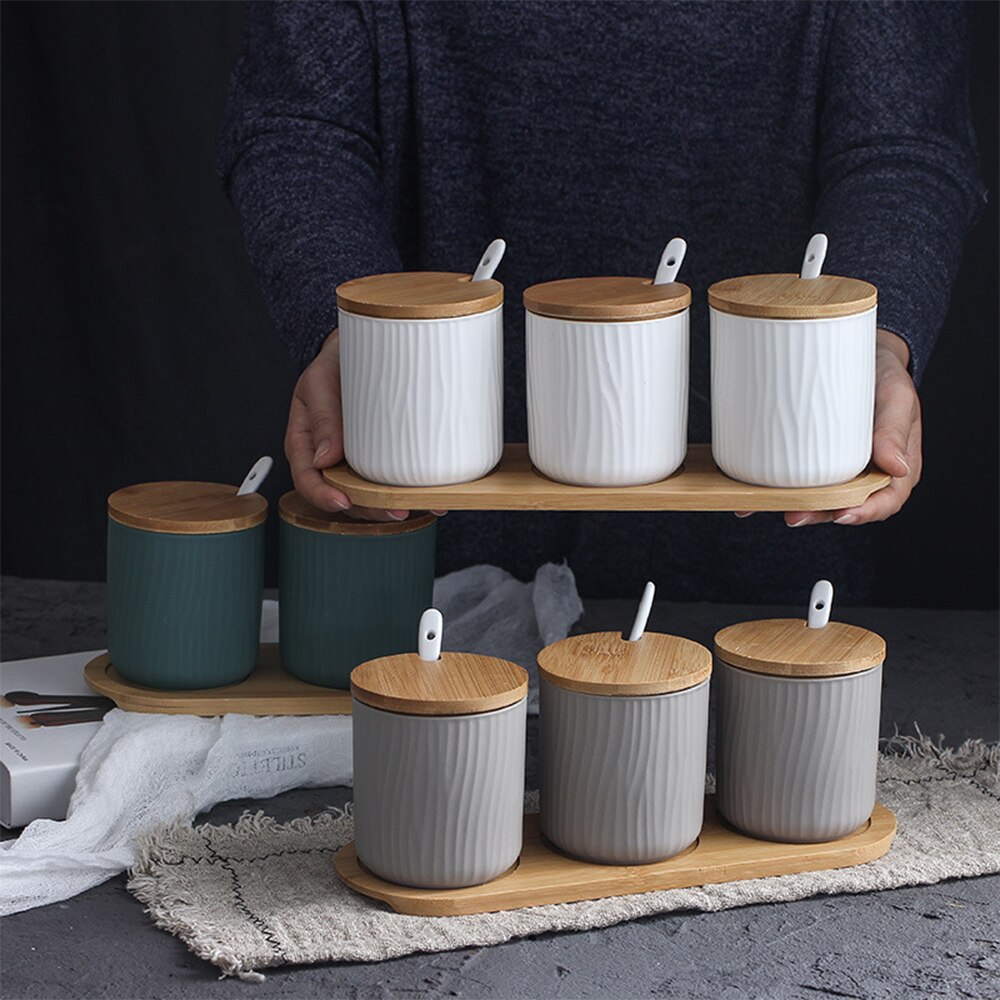 Ceramic Spice Rack Salt Shaker And Pepper Shaker Oil Bottle Set Kitchen Household Supplies For Spices Storage Jar With Cover