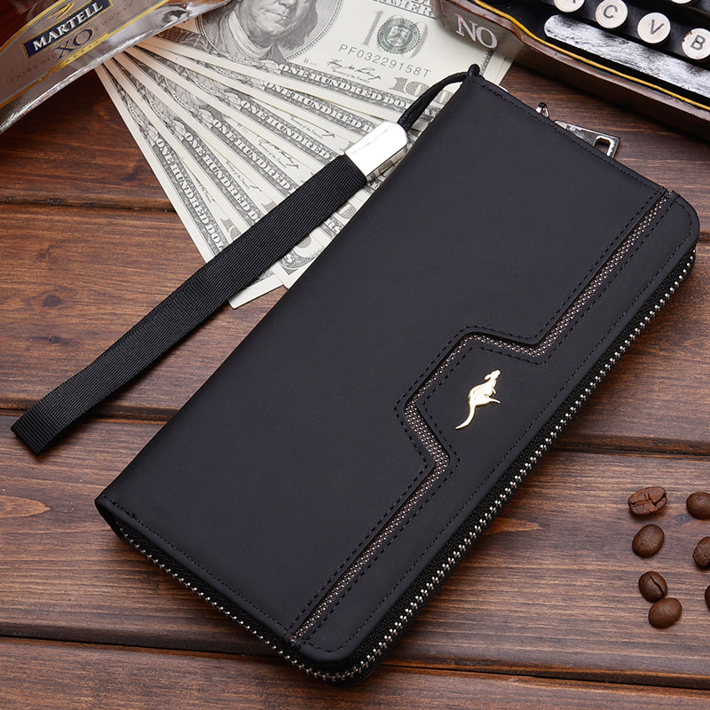 Men&#39;s Leather Wallet Zipper Long Purse Big Capacity Clutch Phone Bag Wrist Strap Coin Purse Card Holder For Male: Black A