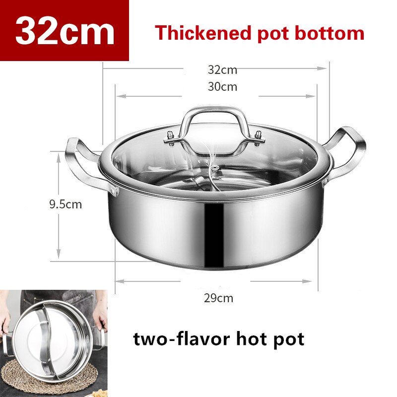 Thickened 304 stainless steel two flavors hotpot special pot for induction cooker pots for cooking soup dumpling noodles pot: 32cm Thick bottom