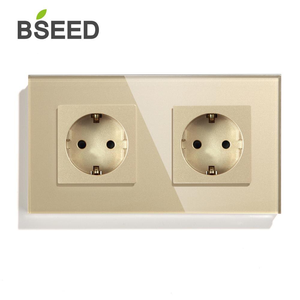 BSEED Europe Standard Double prise murale panneau de verre cristal prise électrique 3 couleurs blanc noir doré 110V 250V