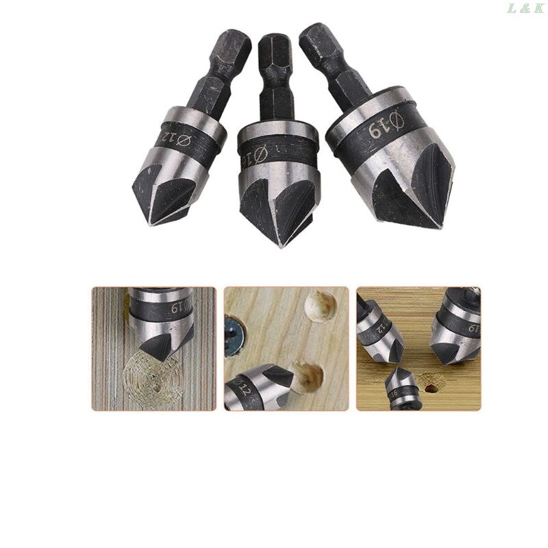 3pcs/set 90 Degree 1/4 Hex Drill Rod 5 Flute 12mm 16mm 19mm Wood Debur Counter