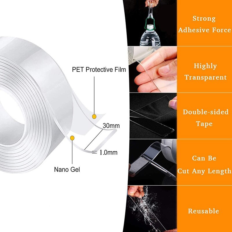 Reusable Nano Adhesive Tape Clear Double Sided Removable Transparent Alien Tape Anti-Slip Traceless for Home Supplie