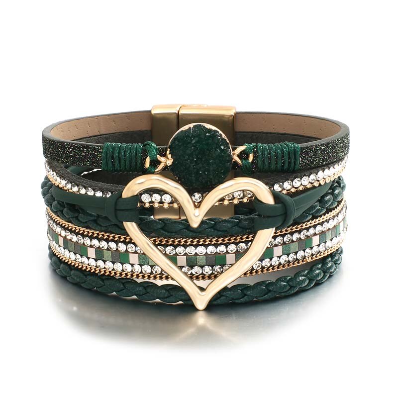 Amorcome-pulsera de cuero trenzado para mujer, brazalete con varias capas de piedras de resina, corazón hueco,: Green