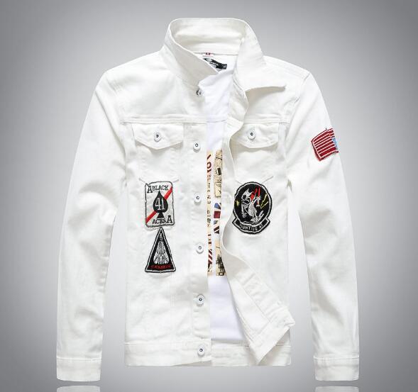 Efterår koreansk denim jakke herre slank langærmet cowboy jakke herre hvid patch cowboy tøj frakke: M