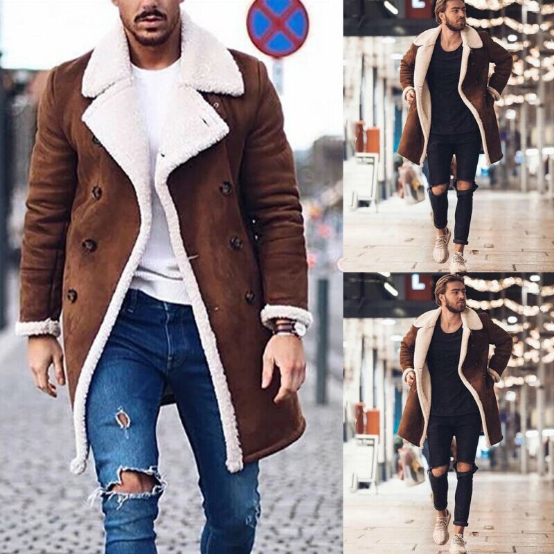 Menn fuskepels lammeull trenchcoat vinter varm tykkere jakke ull peacoat lang parka overfrakk vinterklær topper