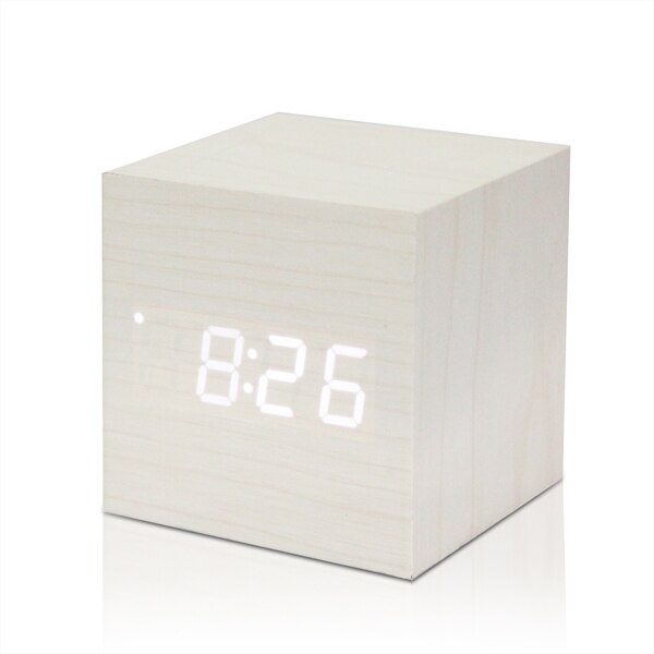 Digital Thermometer Holz LED Alarm Uhr Hintergrundbeleuchtung Stimme Kontrolle Holz retro glühen Uhr Schreibtisch Tabelle leuchtend Alarm Uhren: Weiß