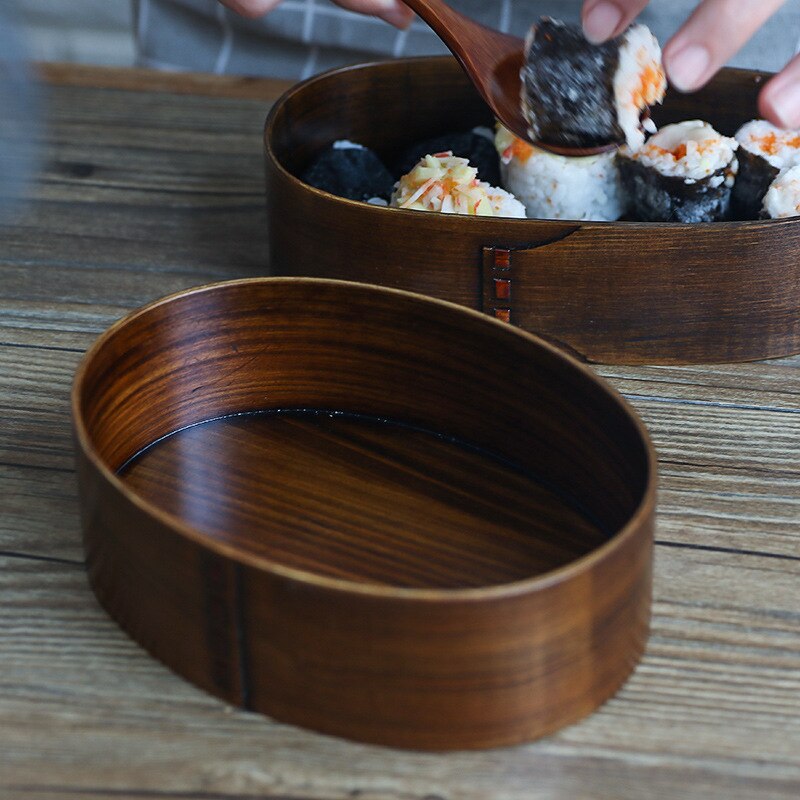 Schiscetta In Legno Per Sushi E Pranzo – Con Divisorio, Bacchette E Coperchio – Contenitore Per Alimenti – 16,5x12x5,7 Cm