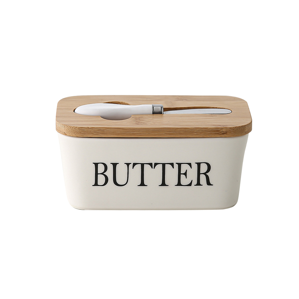 Nordic Butter Sealing Box,Ceramic Butter Plate with Wood Lid and Knife,Cheese Storage Tray Butter Dish Container Box, White: B