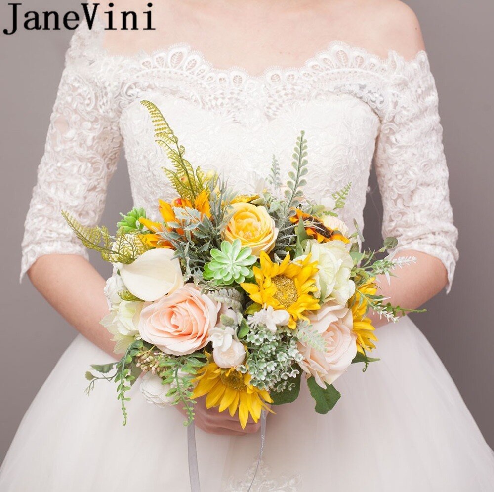JaneVini żółty panna młoda ślub bukiety ślubne kwiaty sztuczne słonecznika jedwab Róża druhna broszki bukiet Fleur 2019 nowy