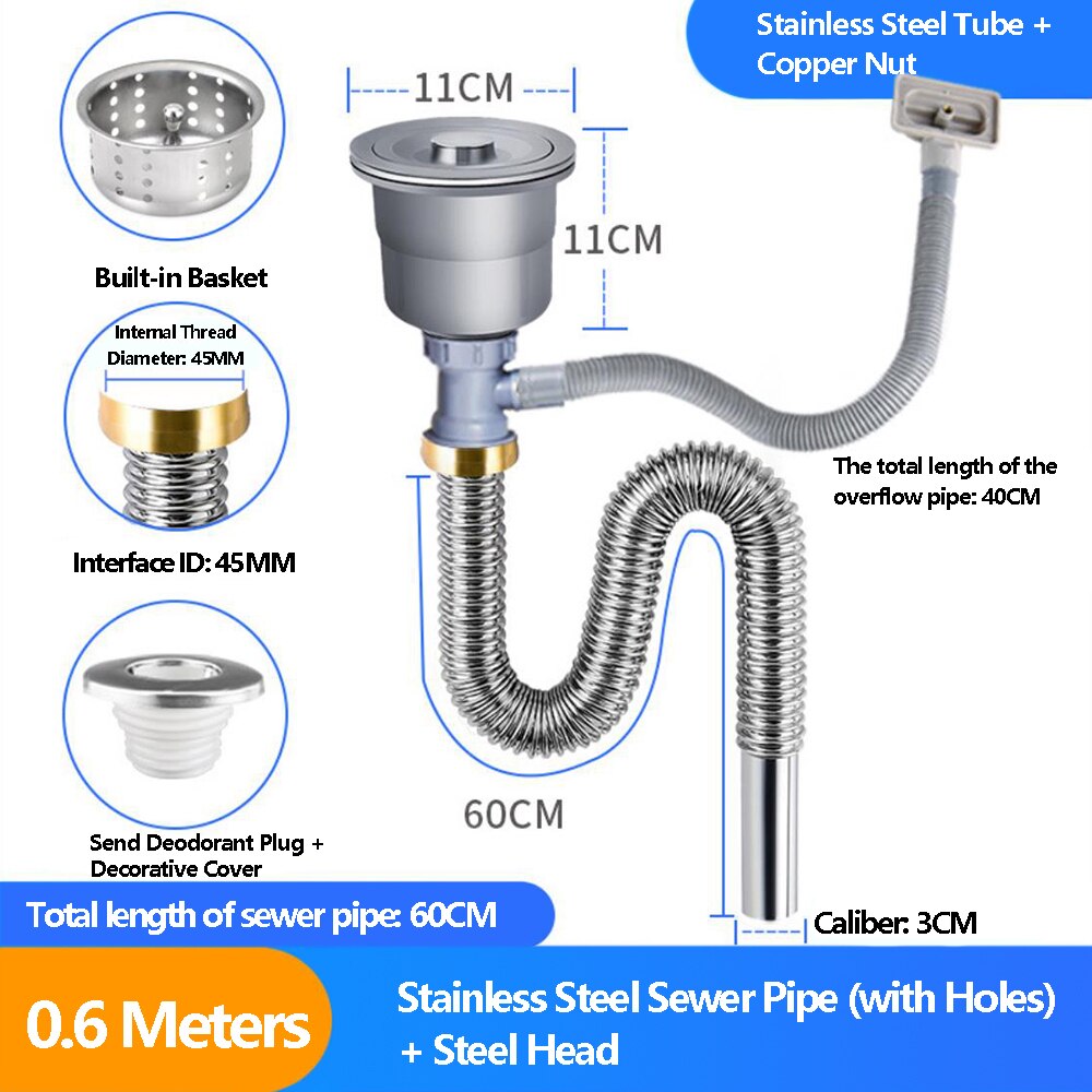 0.6M/0.8M/1M/1.3M Gootsteen Afvoer Slang Gootsteen Fittingen Afdruiprek Afvoer slang Rvs Vaatwasser Zwembad Enkele Tank: 0.6M-Hole H