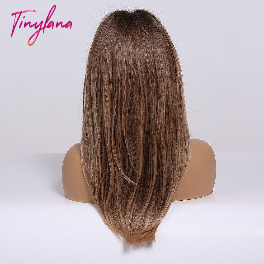 TINY LANA-Peluca de cabello sintético para mujer, cabellera artificial liso de longitud media, color negro y marrón, capas resistentes al calor con flequillo, Natural