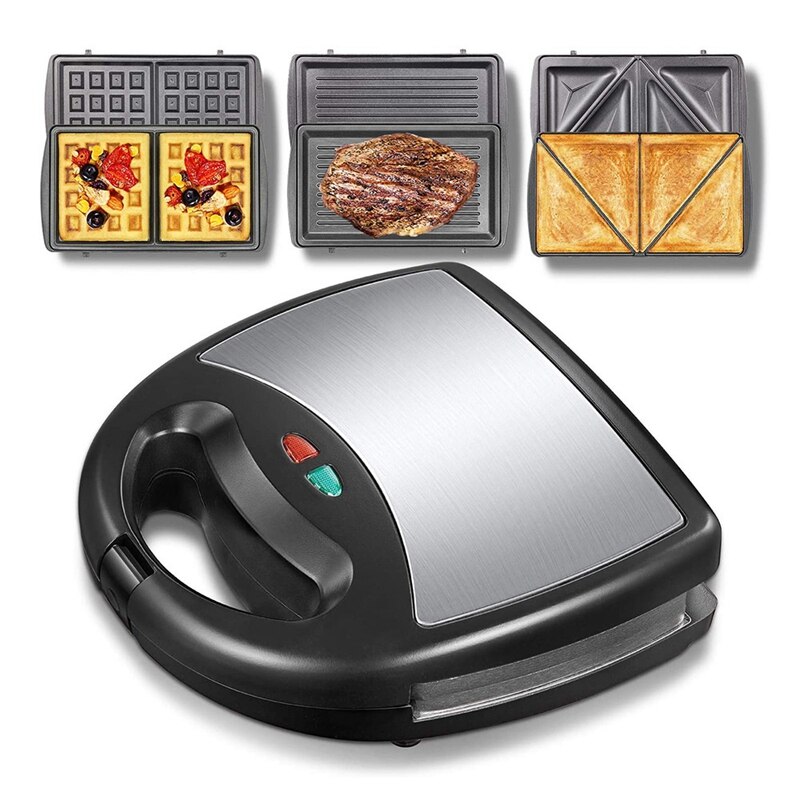 3 in 1 Sandwich Press Waffle and Steak Machine 750W Sandwich Toaster with 3 Detachable Non-Stick Plates US Plug