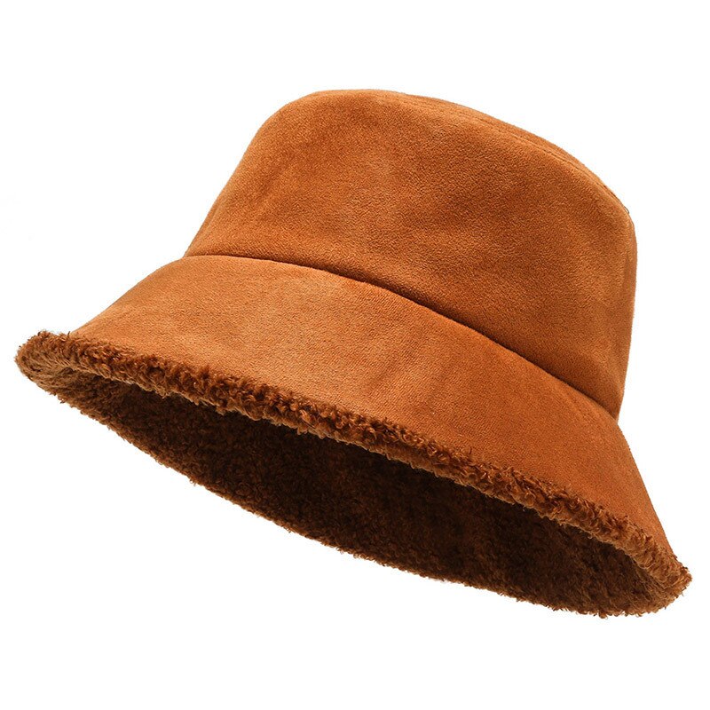 Solid fiskehætte lambwool vinter spand hat til kvinder udendørs fortykket blød varm ferie hat cap lady panama: Brun