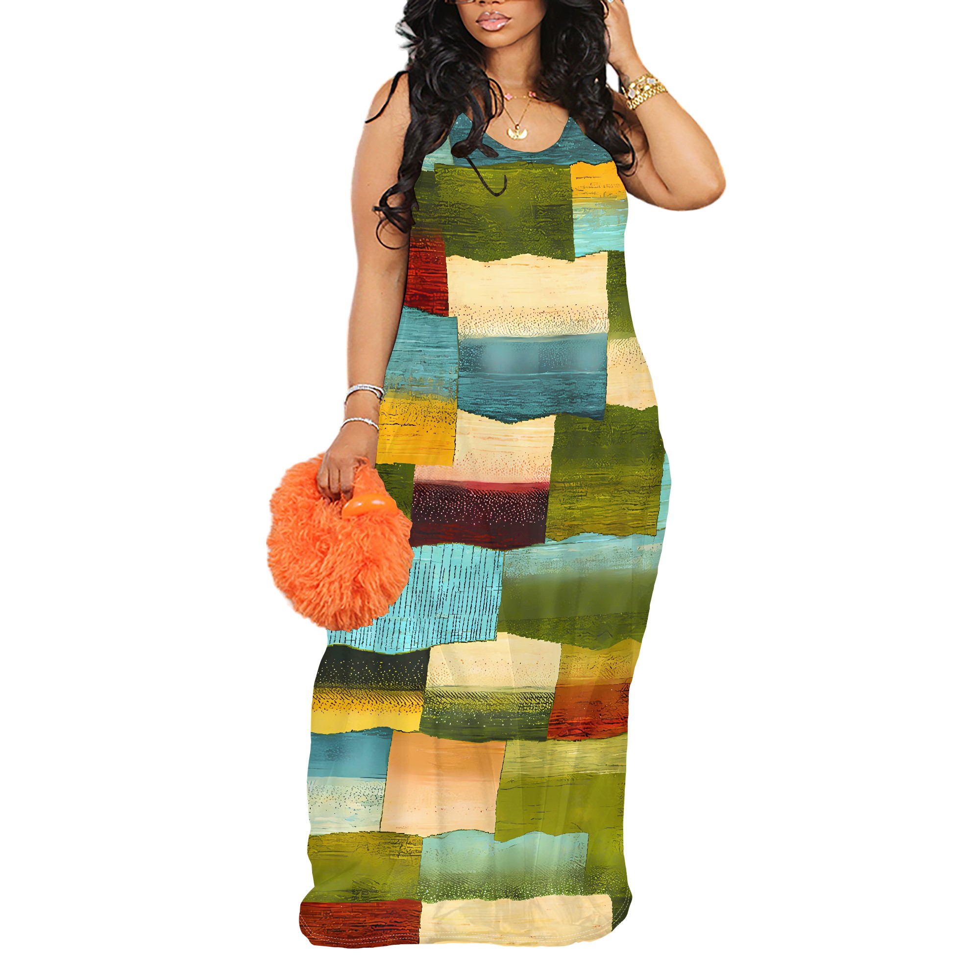sexy Damen-Kleid mit tiefem V-Träger, bedruckt, langes Kleid, Freizeitkleid, Maxikleider für Damen, Sommer, mit Taschen: S / Silber