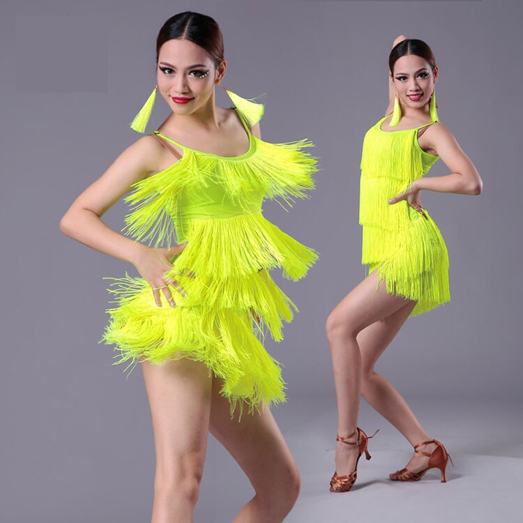 Latinalainen mekko aikuinen moderni juhlasali latinalainen tanssi mekko tupsu fringe salsa tango dance wear musta esitys lava kuluminen: Vihreä / S
