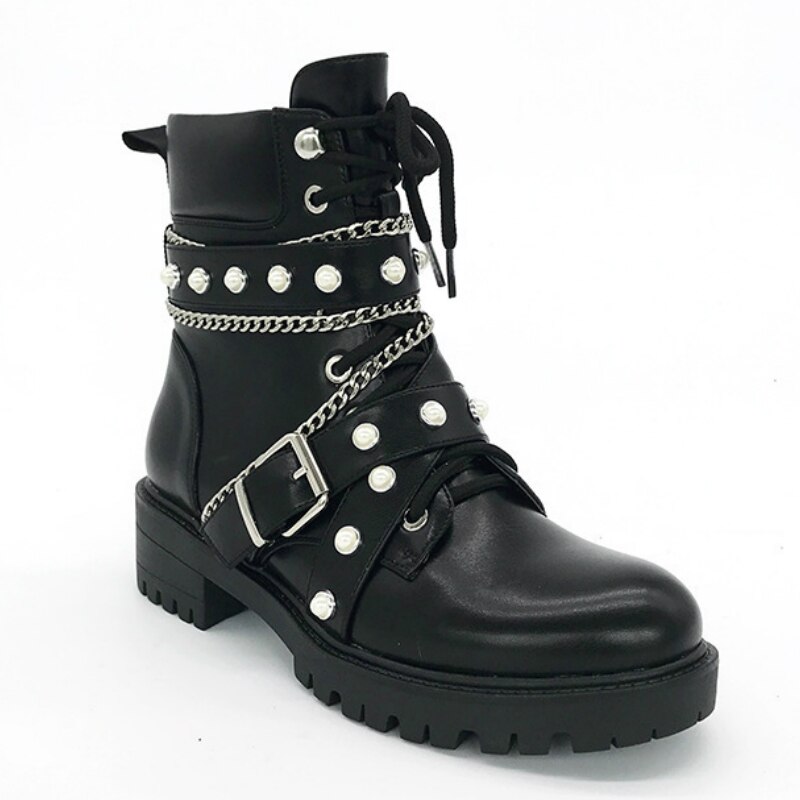 Kvinner punk motorsykkel støvler metall kjede dekorasjon plattform firkantet hæl studded zip trend kule biker sko kvinne: 9