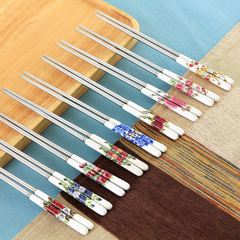 BalleenShiny 1 Pair Stainless Steel Chopsticks Chinese Style Rose Peony Ceramic Handle Anti-skid Chopsticks for Rice