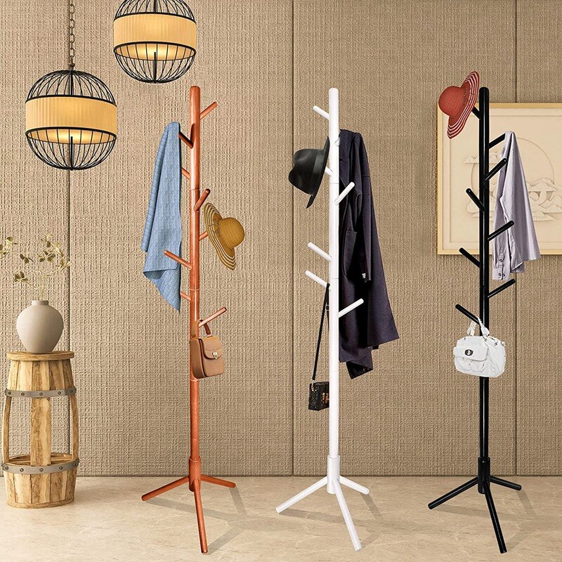 Wooden Coat Rack with Hooks, Free Standing Coat Tree Hanger Stand for Coats, Garment, Hats, in Bedroom