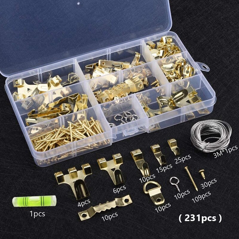 231 Pcs Assorted Picture Frame Hangers with Hooks, Nails, Hanging Wire, Saw Tooth, D Ring, Screw Eyes and Bubble Level