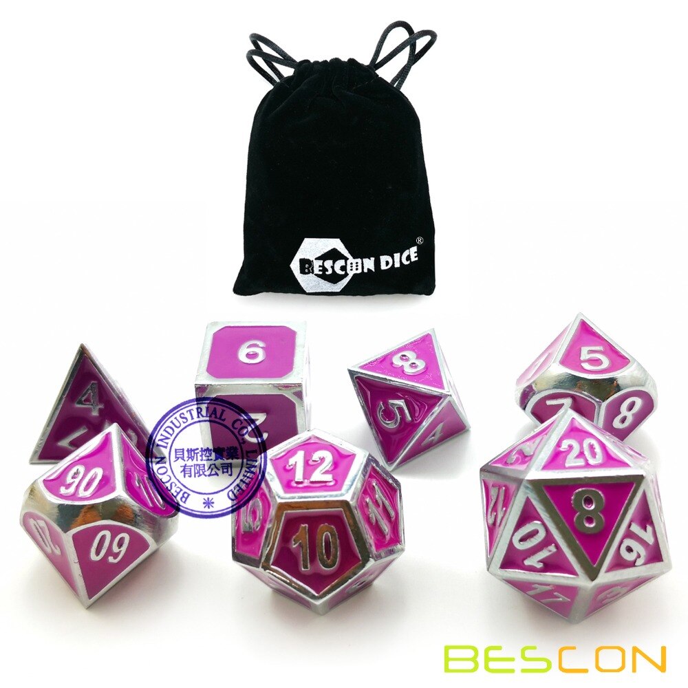 Bescon Deluxe Creatieve Glanzend Zilver en Paars Emaille Effen Metalen Polyhedral Rollenspel RPG Game Dice Set van 7