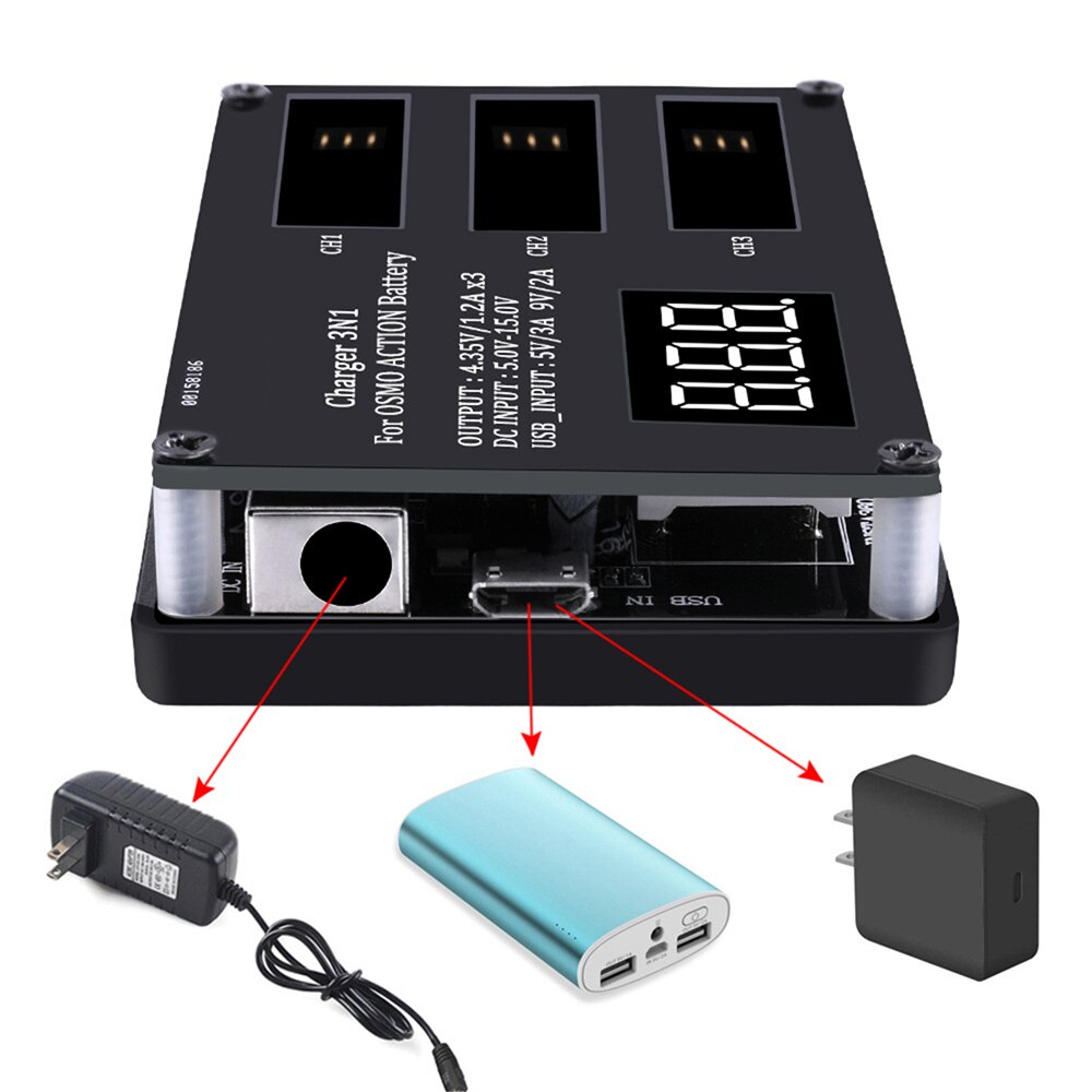 3 in 1 Ladegerät Ladung Hub für DJI OSMO Aktion Kamera Lithium-1300mAh Batterie Ladegerät Aktion Sport Kamera DC USB Eingang Ladegerät