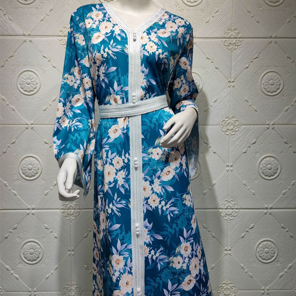 AB030 Luxe Jurk Sky Blue Abaya Soiree Moslim Vrouw Dubai Islamitische Kleding World Kleding Winkel Turkse Mooie Print Flora: M