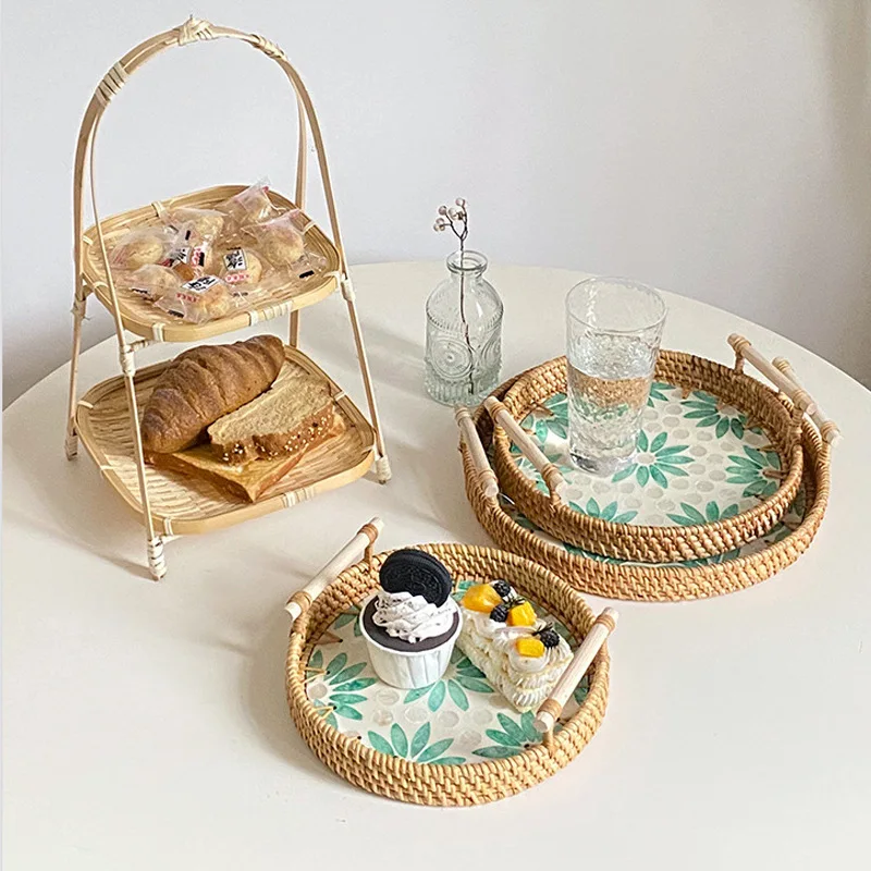 Bandejas para servir comida, bandeja para aperitivos, té de la tarde, platos para postre, ratán, fruta, plato seco, plato para dulces, pastel, hogar