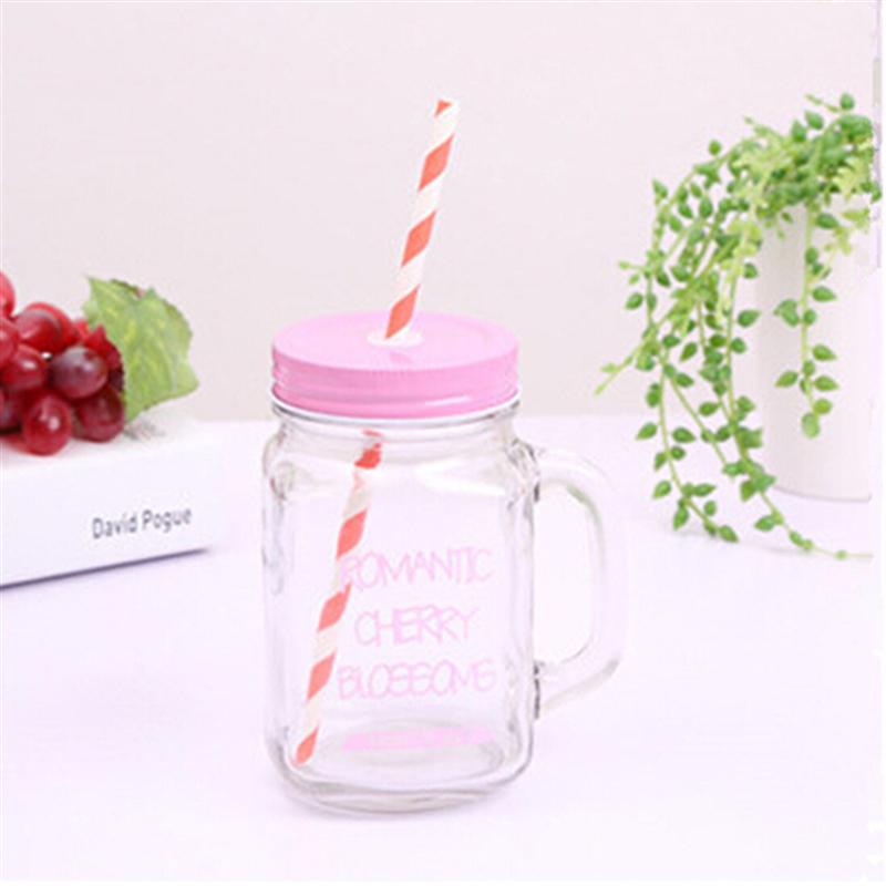 Bouteille transparente en verre, pour jus de fruits, jus de fruits et boissons fraîches, contenant en paille pour le Sport, bocal à maçon et citron, avec couvercle: Rose