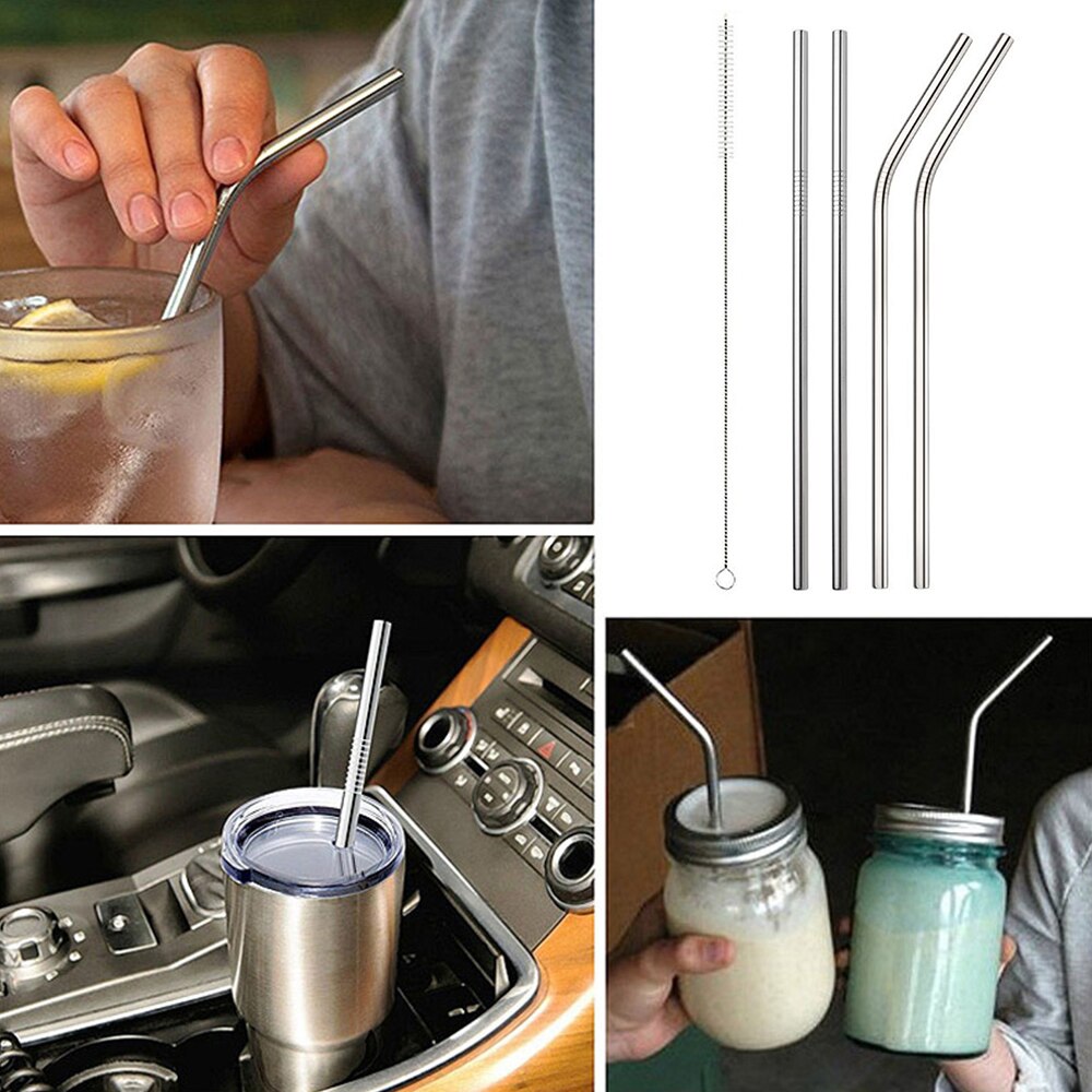 1/2/4pcs Stainless Steel Straw Reusable Metal Drinking Straw With Cleaner Brush For Home Party Barware Bar Accessories ^1