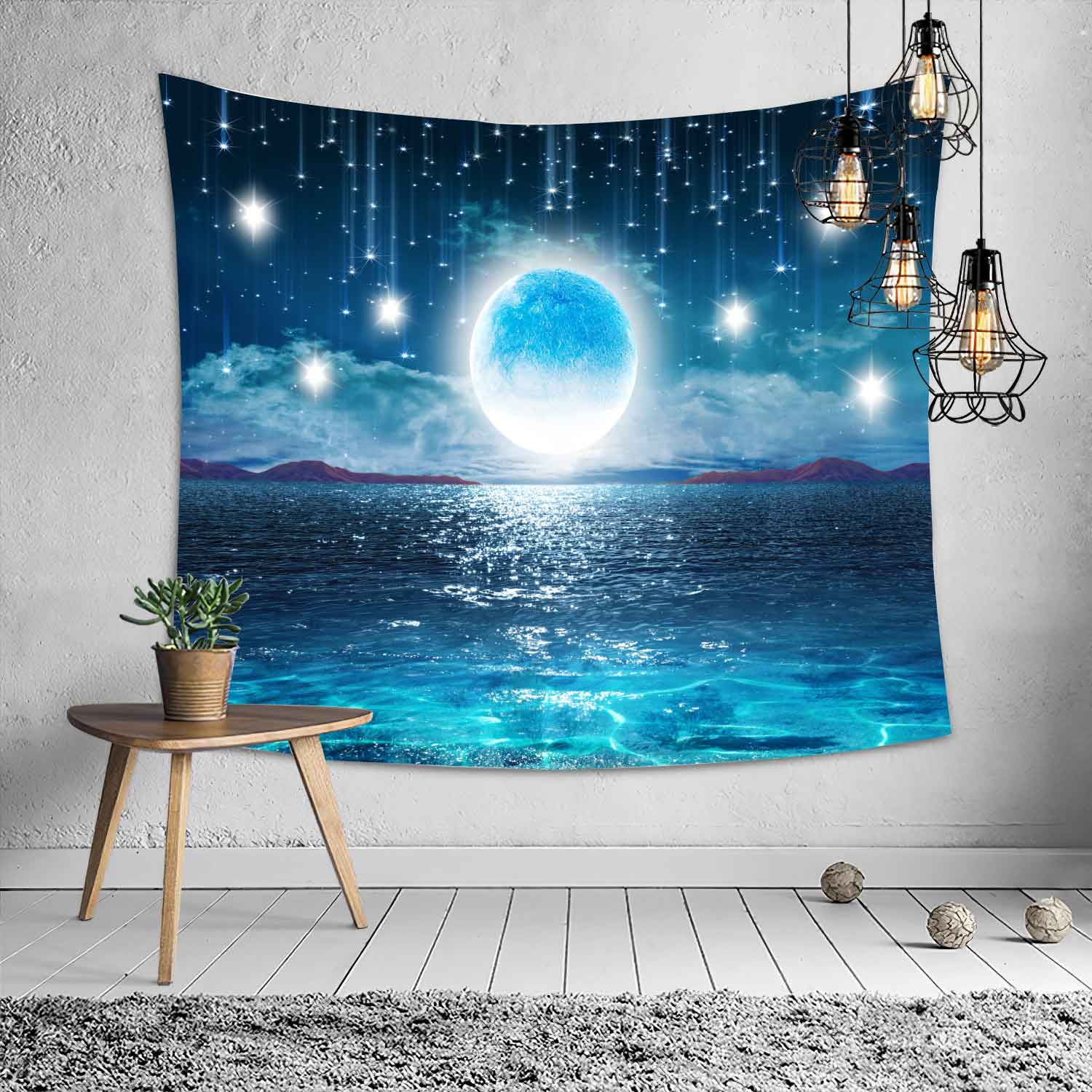 Tapestry Wall Hanging Mysterious Forest Flower Jungle Animal Moon Ocean Landscape Tapestry for Home Room Decor: B