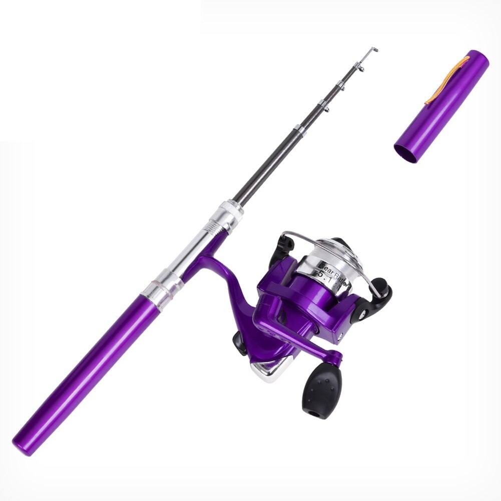 Mini caña de pescar telescópica portátil con mango de caña de pescar, plegable, con rueda de carrete, para pesca en ríos y lagos: Purple