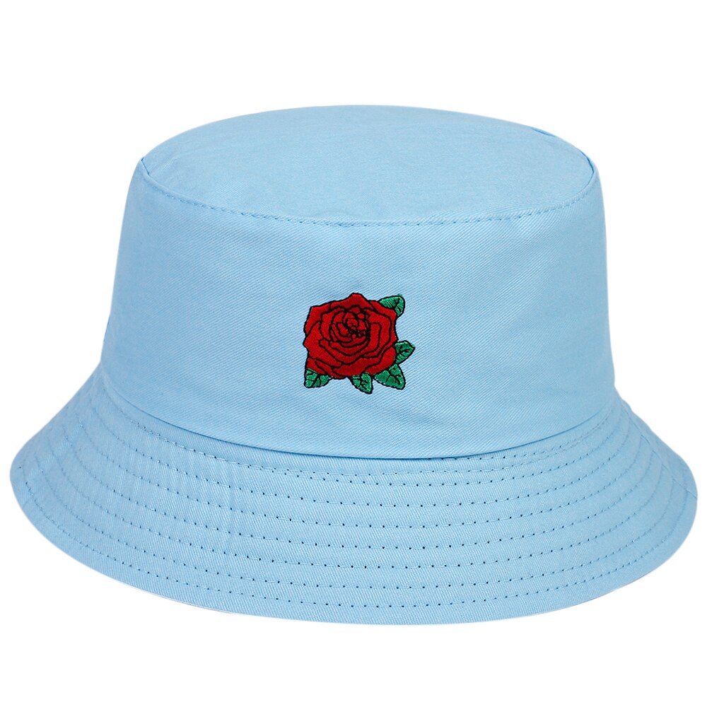Rose embroidery Men Women Panama bucket hat summer outdoor sun hat fishing fisherman hat cotton wild panama hats gorras: Sky Blue