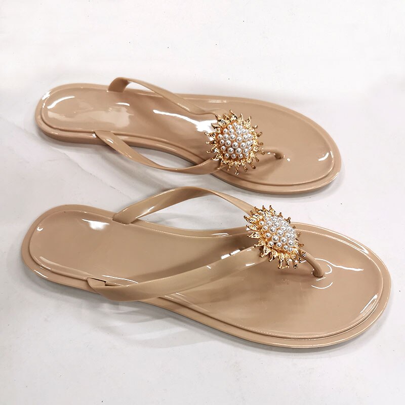 Tongs d'été pour femmes, chaussures en gelée transparentes et claires, pour femmes, chaussures de plage avec fleurs et perles, pantoufles d'extérieur