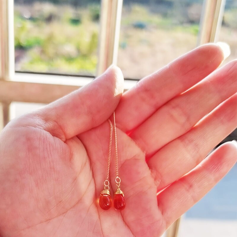 Topaz Threader Oorbellen, Glad Glas Teardrop, Kabel Ketting, Delicate, Sierlijke, Draad Gewikkeld
