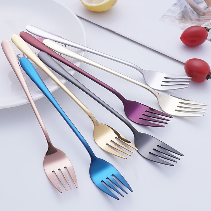 Stainless Steel Long Handle Dinner Fork Korean Rainbow Fork Hotel Restaurant Party Supplies Dinnerware Steak Gold Fork 5 Colors