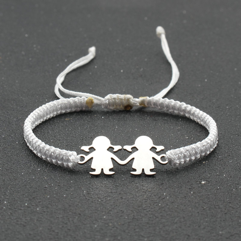 Stal nierdzewna śliczne Twin Little Girl Charm bransoletka czarna lina pleciona regulowane bransoletki dla kobiet biżuteria Mujer Pulsera: White