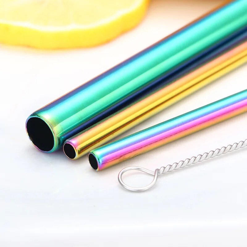 5pcs Herbruikbare Metalen Rietjes 304 Rvs Zilver Stro Set Dikke met Kleurrijke Tas Pouch Clean Brush Party bruiloft