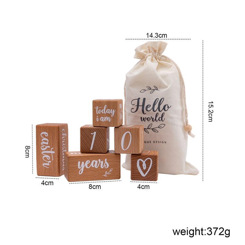 6Pcs/1Set Baby Maand Milestone Kaart Beuken Blok Plein Gegraveerd Pasgeboren Geboorte Maand Verjaardag Mijlpalen Blok Fotografie props: 6pc With Bag