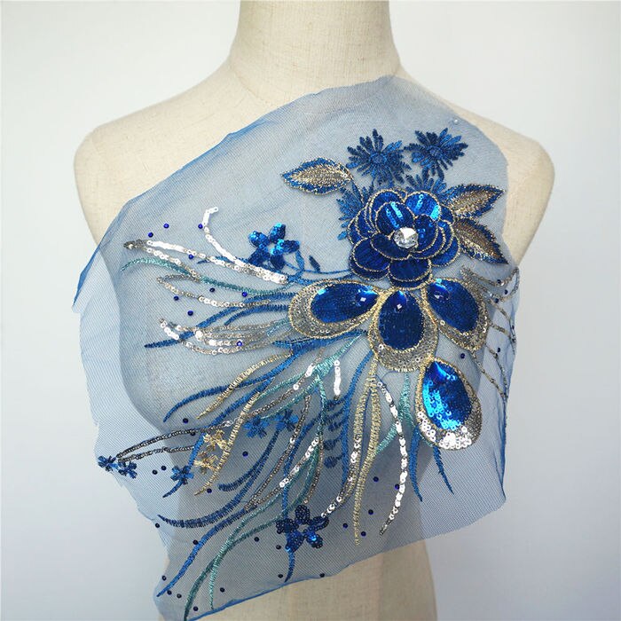 Gouden pailletten 3d bloemen kwastjes kantversieringen strass mesh naai-patches borduurwerk voor bruiloft applicaties decoratie doe-het-zelf: Koningsblauw