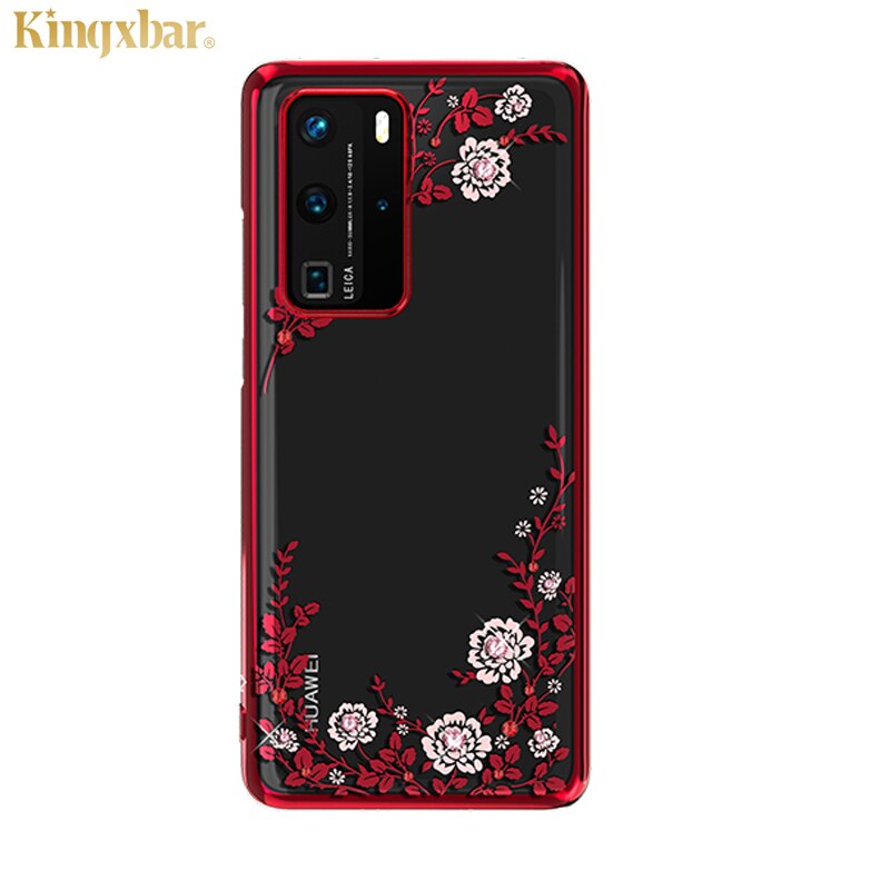 Original kingxbar cristais de luxo caso strass para huawei p40/pro moda fino banhado a flor duro claro pc capa traseira caso: For P40 Pro / Flower Red