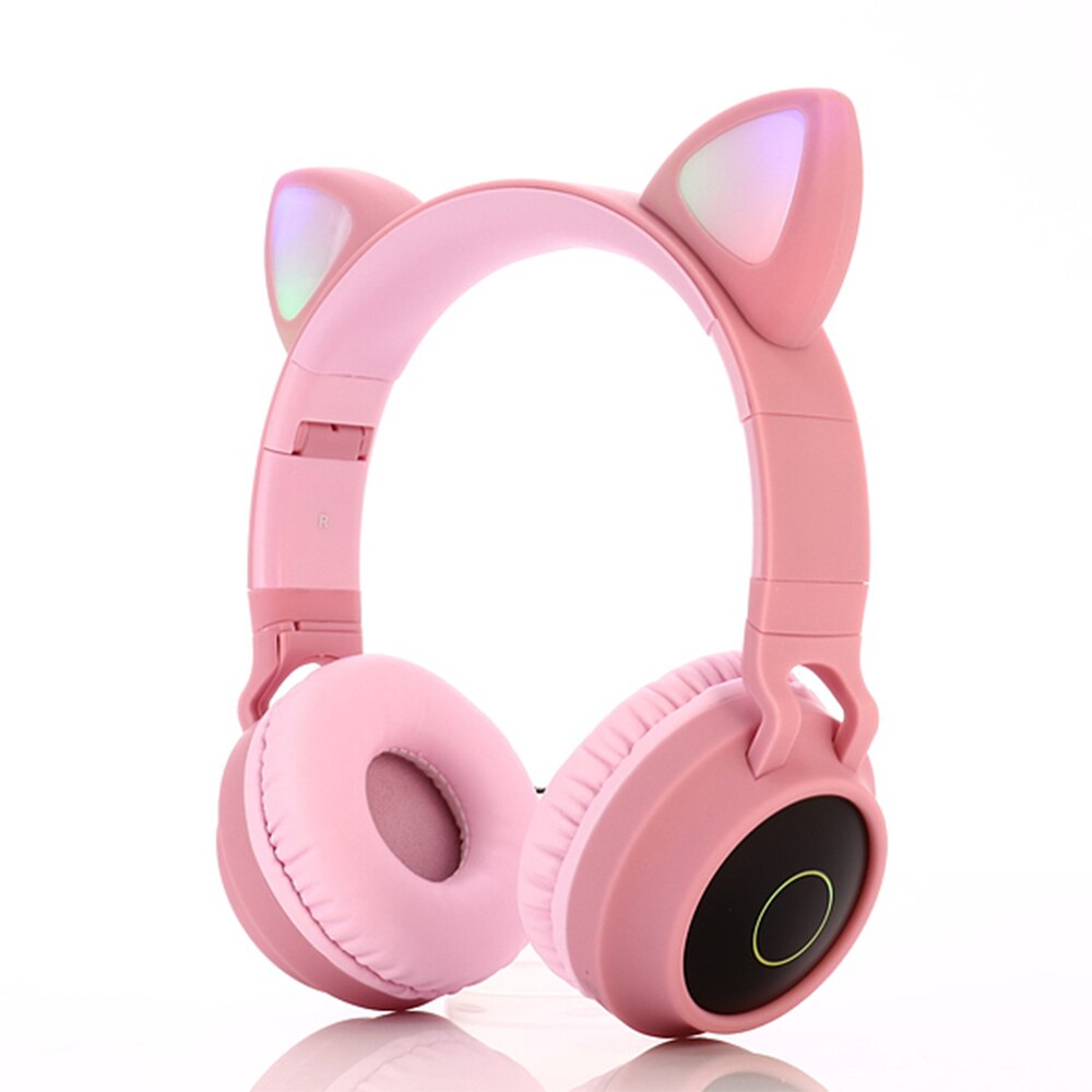 Auriculares inalámbricos con luz LED para teléfono móvil, audífonos con Bluetooth 5,0, auriculares de música estéreo para chica e hija, PC, Oreja de Gato: Pink (no box)