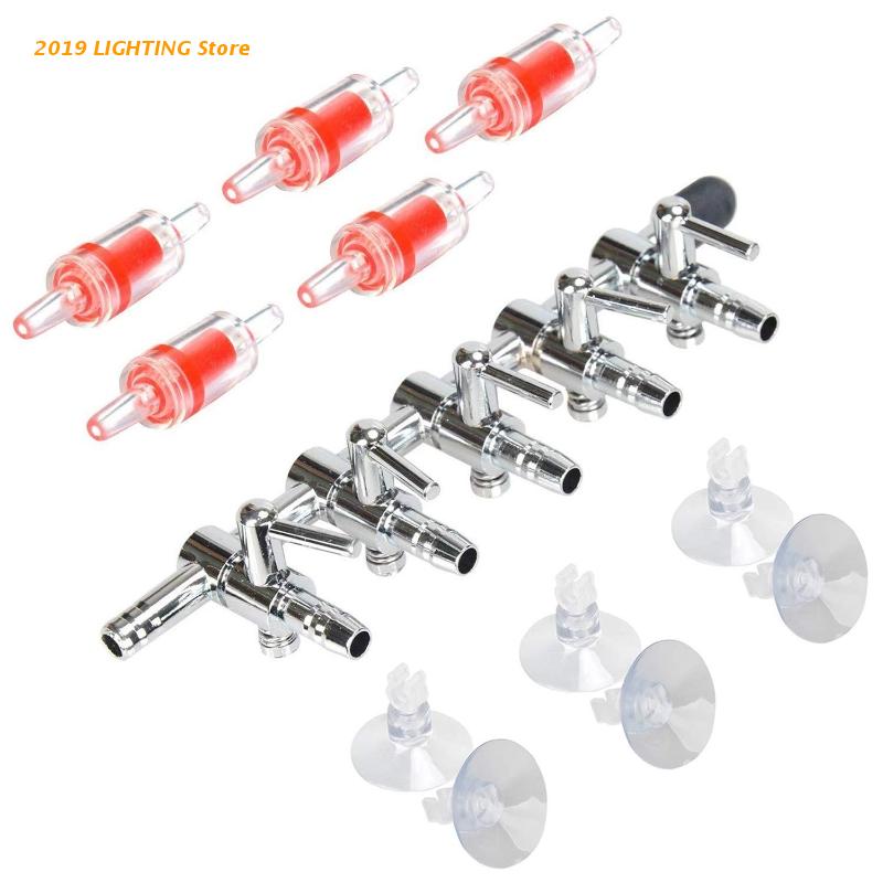5 Way Aquarium Air Flow Control Lever Valve Stainless Steel Distributor Splitter Non Return Check Valves Suction Cups